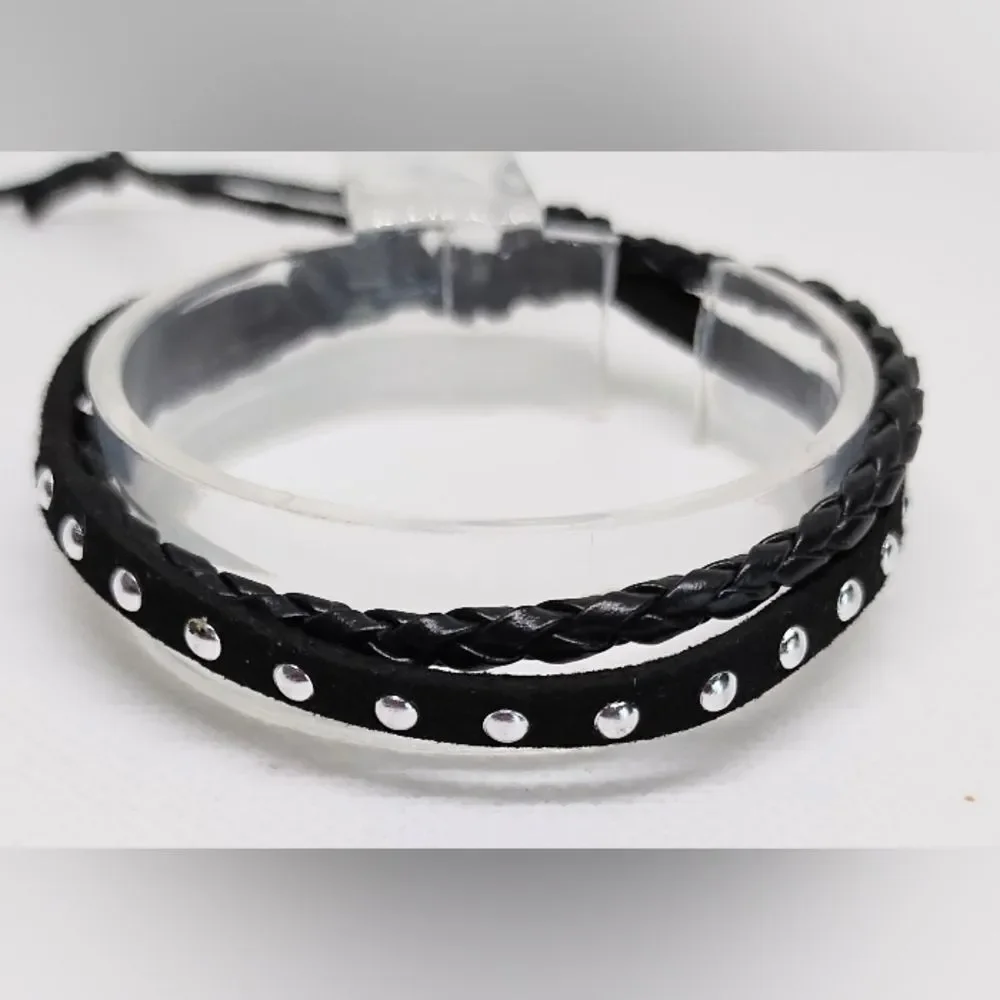 Men's leather bracelet braided layered black new e80‎